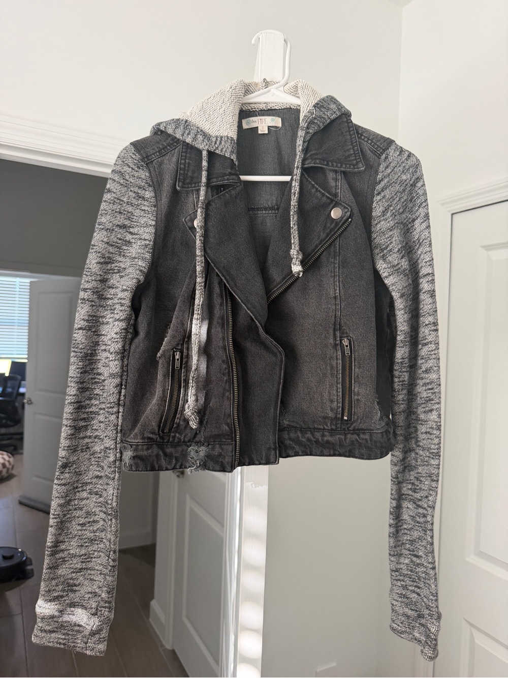 love, Fire Gray Mixed-Media Hooded Moto Jean Jacket